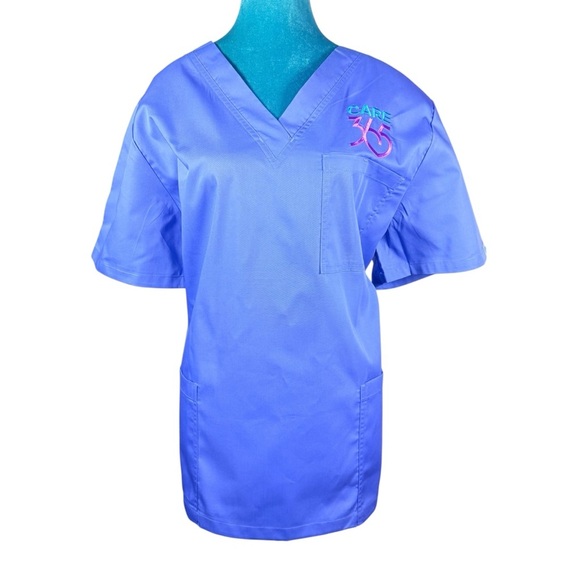 Bordova Unisex Scrub Top Size Large | CARE 365 Logo | Blue Medical Uniform - Picture 11 of 11